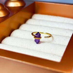 Amethyst Crystal Wand Ring – Hexagonal Crystal Wand Ring in Gold – Real Crystal